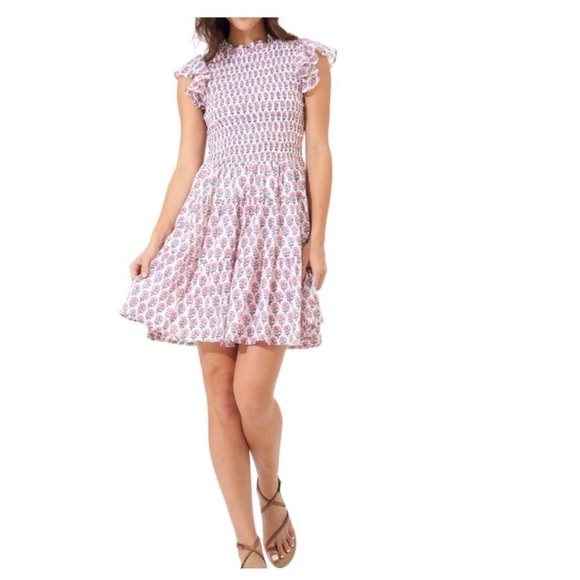 Oliphant Dresses & Skirts - Oliphan Floral Smocked Ruffle Mini Dress Pink Green White Sleeveless Summer S